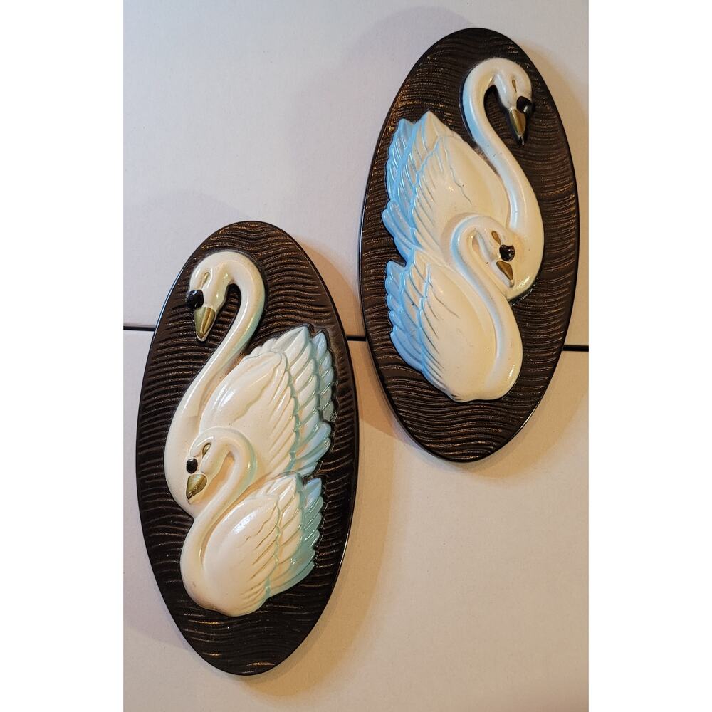 Pair of Vintage MCM Swan Plaques, Miller Studios, 1965